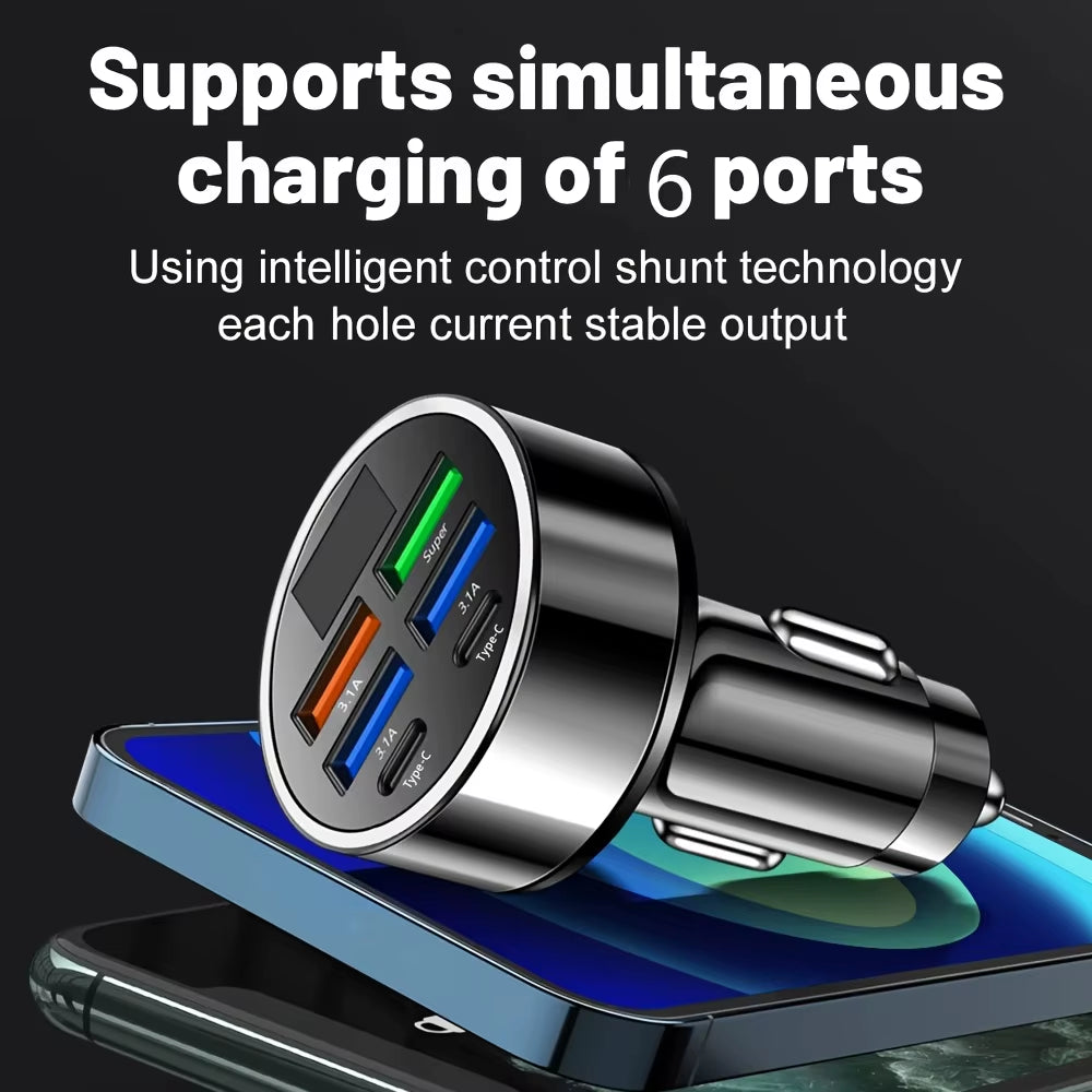 6-In-1 Fast Charging Car Adapter 3.1A Dual Type-C Digital Display Smartphones Tablets Power Banks Black Portable Charger
